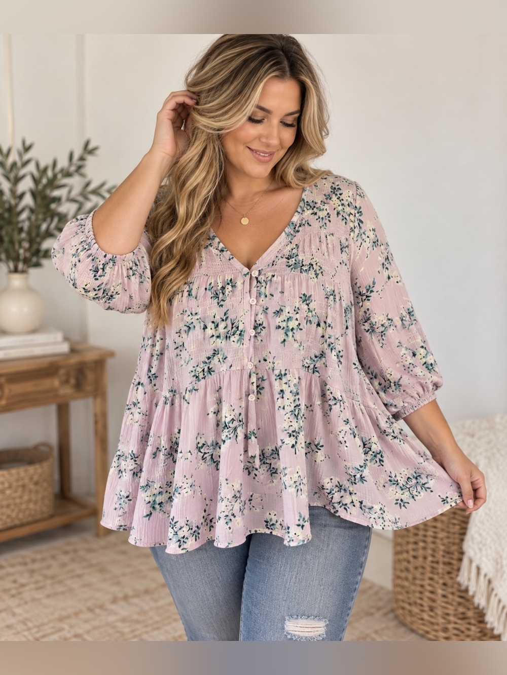 Torrid Size 1 1X Lavender Floral Babydoll Blouse Smocked Button 3/4 Sleeve